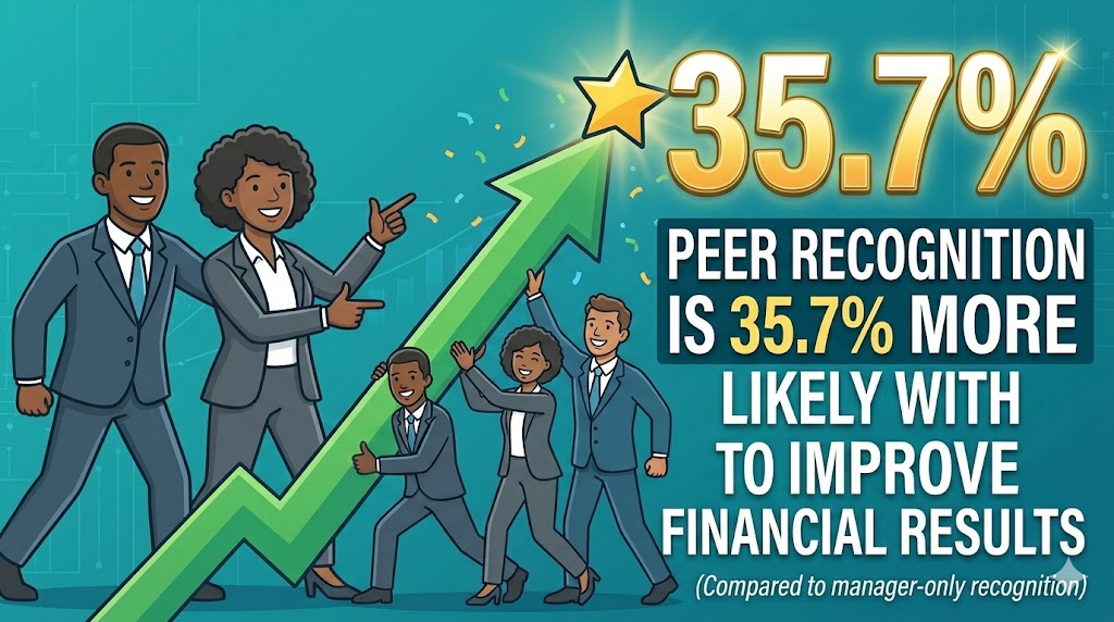 Peer recognition is 35.7% more likely to improve financial results than manager-only recognition
